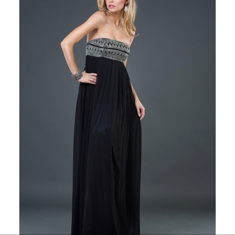 Jovani Black Strapless Evening Gown with Silver Embroidered Bandeau